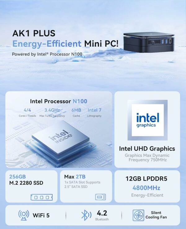 NiPoGi AK1 Plus Mini PC – 12 Go, 4K, Wi‑Fi, Ultra‑compact photo1